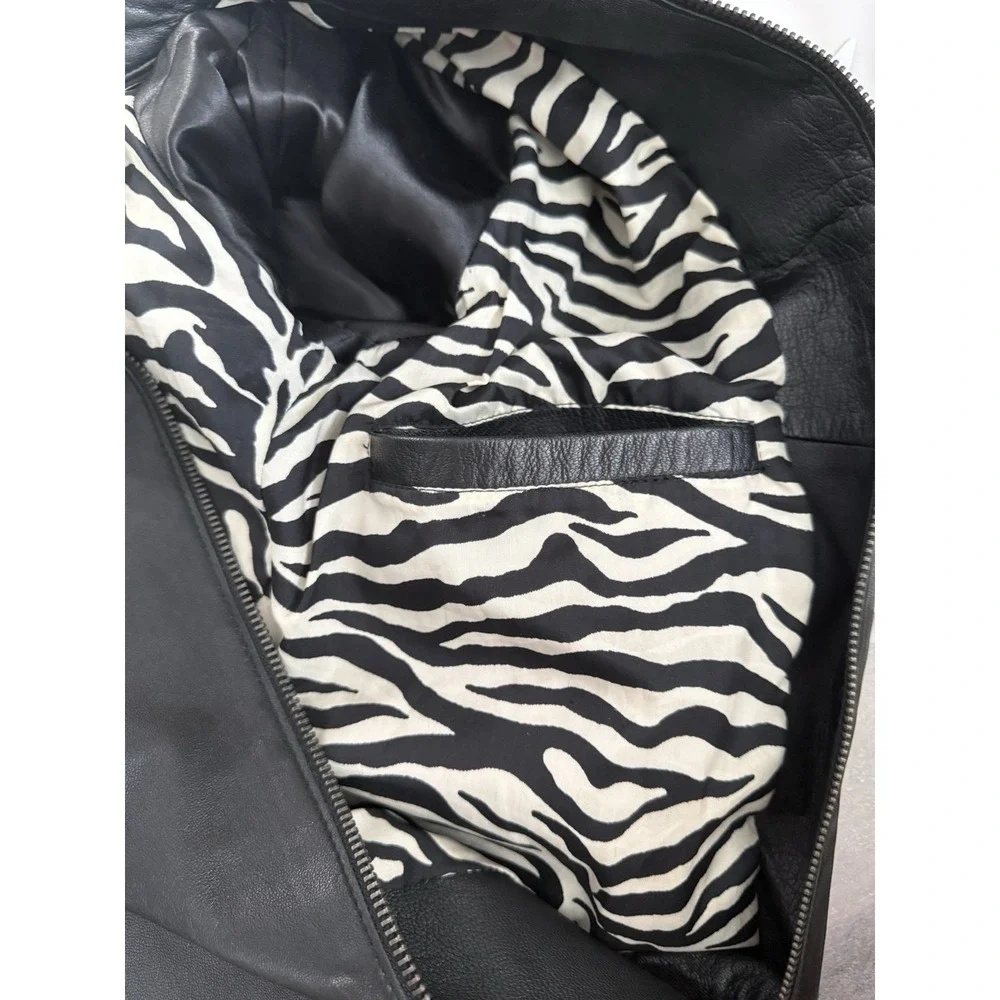 Vintage Isaac Mizrahi Black Leather Jacket Zebra Lining‎ Zip Moto Womens Sz XL